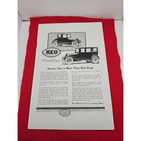 1922 Reo Closed Cars: Beauty More Than Skin Deep Vintage Print Ad Ephemera - Picture 1 of 6